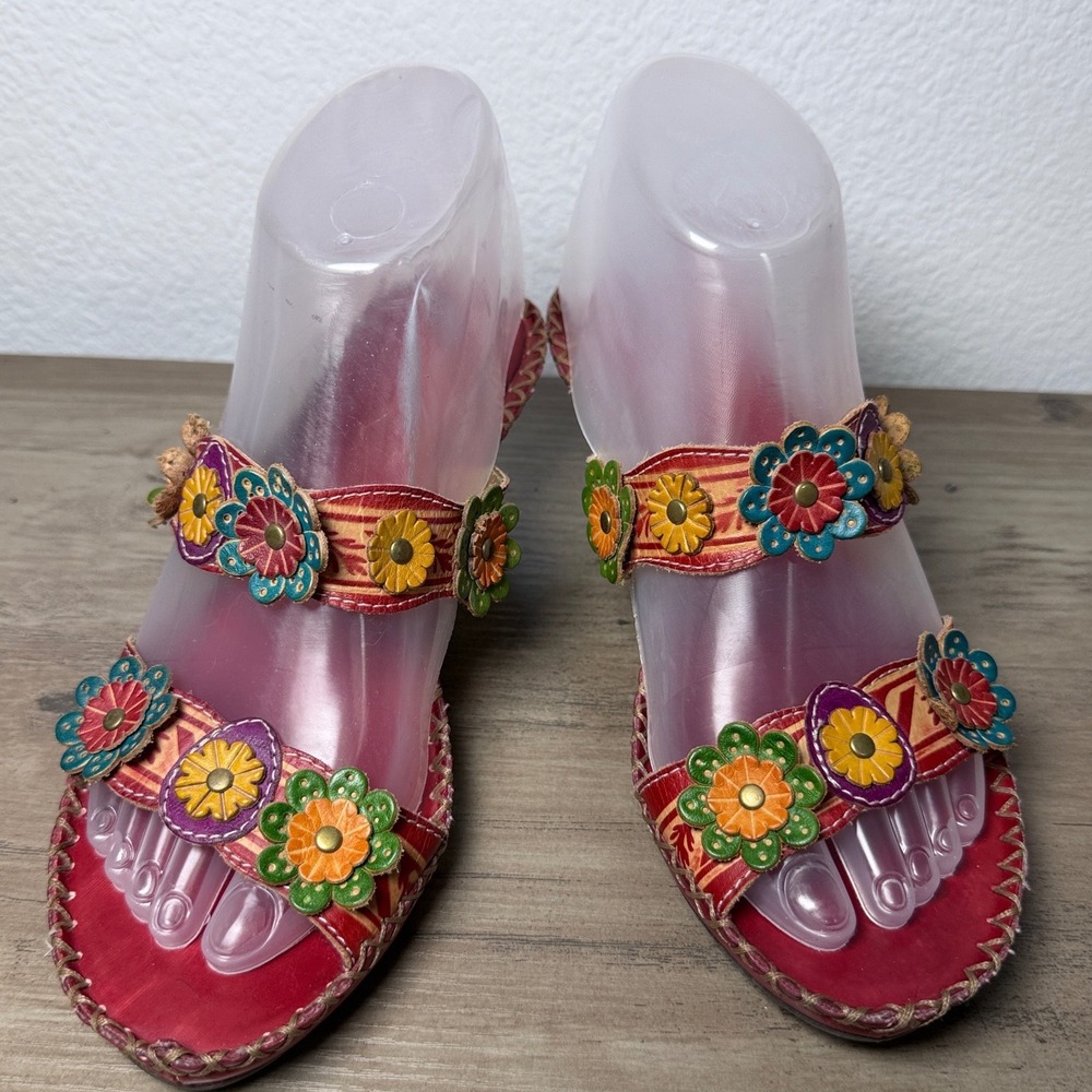 Spring Step D-Ambrosiada Red Leather Floral Slide Sandals Boho‎ Heels Womens 38